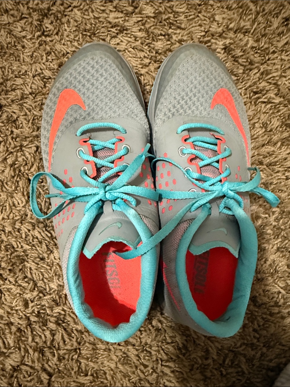 Nike Gray Sneakers with Coral Swoosh and Teal Laces